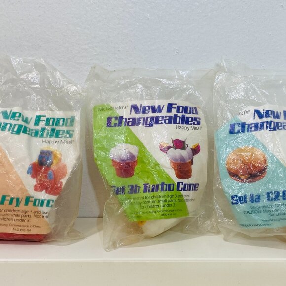 3 VNTG 1988 McDonalds Food Changeables:Fry Force/Turbo Cone/Cheeseburger OrigPkg - Picture 1 of 3